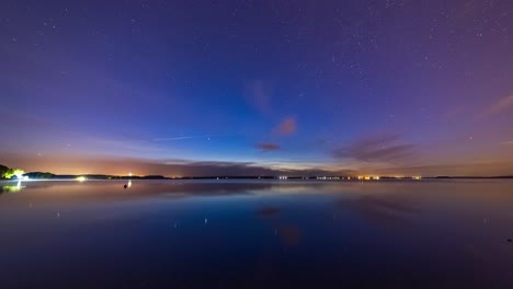Time-lapse-of-a-lake,-clouds-are-moving-over-water-and-stars-are-visible