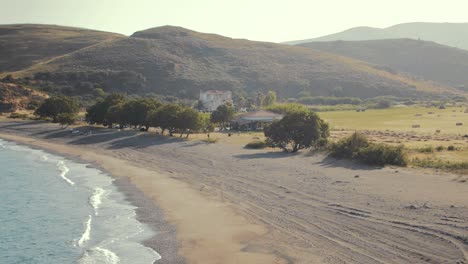 Beautiful-natural-sandy-beach-along-coast-of-Lesvos-Island,-Greece