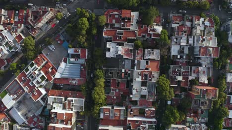 Urban-Buildings-in-Residential-Streets-of-Mexico-City,-Aerial-Bird's-Eye-View
