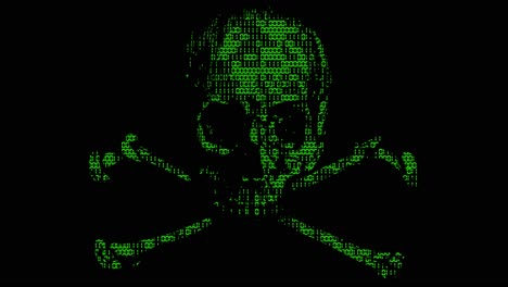 Alarming-animated-cyber-hacking-skull-and-cross-bones-symbol-with-animated-binary-code-texture-in-green-color-scheme-on-a-black-background