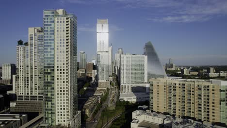 Aerial-view-of-tall-buildings-and-the-west-3rd-street-in-sunny-Austin,-Texas-USA