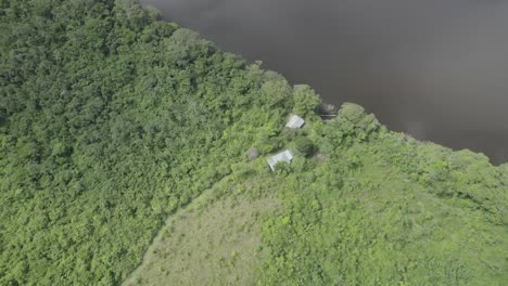 Luftaufnahme-Einer-Isolierten-Struktur-In-Der-Nähe-Des-Flussufers-Mit-Dichtem-Tropenwald-In-Kolumbien