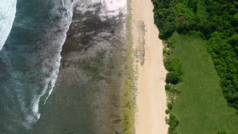aerial-top-down-view-of-empty-white-sand-beach-at-Nyang-Nyang-in-Uluwatu-Bali-on-sunny-day