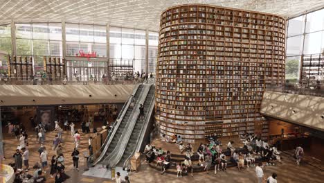 People-reading-books-and-relaxing-enjoying-beautiful-interior-design-of-Starfield-Library-in-Coex-Mall,-Seoul