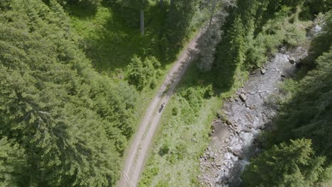 Aerial-overhead-shot-of-Mountain-Biker-Riding-Cross-Country-In-Amazing-Sunshine-Light