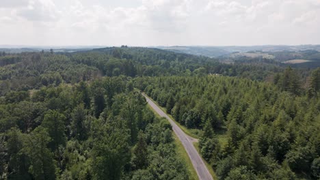 beautiful-aerial-images-follow-an-asphalt-road-that-crosses-the-huge-pine-forests-that-cross-the-hilly-landscape-in-the-german-ruebengarten