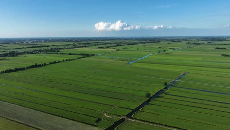 Elevated-drone-view-over-arable-Dutch-polder-landscape,-Netherlands