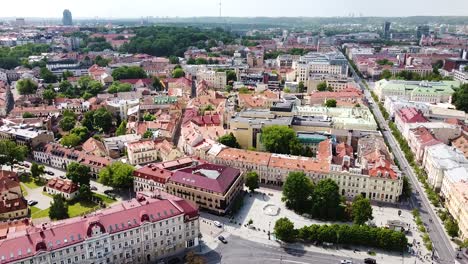 High-angle-view-of-Vilnius-cityscape-and-colorful-rooftops,-drone