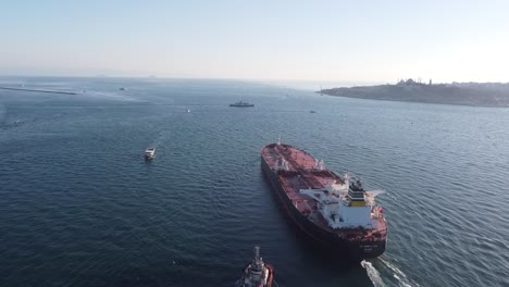 A-supertanker-enters-the-Sea-of-Marmara,-after-completing-the-journey-through-Istanbul,-through-the-Bosphorus-Strait