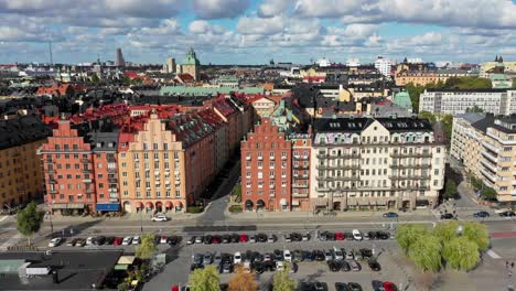 aerial-view-of-the-front-colorful-row-of-houses-at-the-harbor-of-the-city-of-Stockholm-in-Sweden-on-the-Baltic-Sea