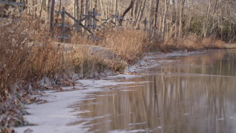 Wide-shot-of-a-frozen-lake-side-trail-at-golden-hour