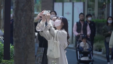 Dos-Mujeres-Japonesas-Tomando-Fotos-De-La-Flor-De-Sakura-Con-Sus-Teléfonos-Inteligentes