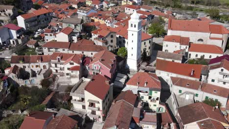 An-aerial-view-with-central-focus-on-town's-church-in-Skradin---Church-of-Blessed-Virgin-Mary's-Birth