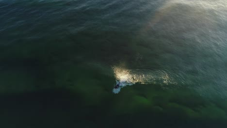 Aerial-top-done-view-of-surfer-catching-a-wave-with-a-beautiful-sunrise-reflecting-off-the-ocean-at-Southport-Gold-Coast-QLD-Australia