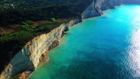 Flight-over-high-cliffs-of-sea-coast,-aerial-view
