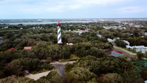 Push-In-Aerial-St-Augustine-Lighthouse,-St-Augustine-Light-Station-near-St-Augustine-Florida