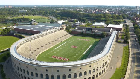 Low-Orbiting-Shot-Above-Harvard-Stadium,-Home-of-the-Harvard-Crimson-Football-Team