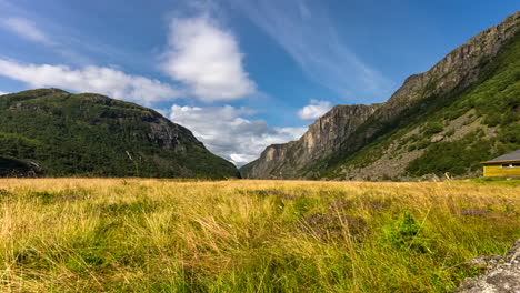Countryside-timelapse-at-Viglesdal-Valley,-Norway,-grass-and-cloud-movement