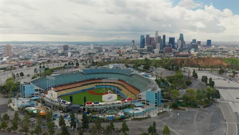 Sliding-aerial-view-of-Downtown-Los-Angeles-and-Dodgers-Stadium