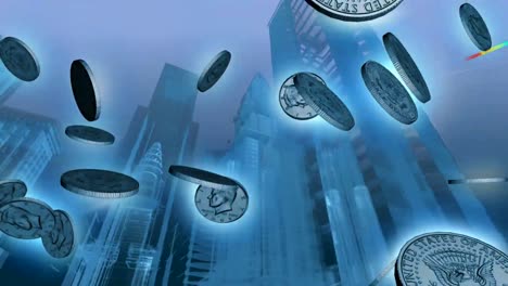 Silver-coins-falling-from-the-sky-with-tall-buildings-on-a-blue-background