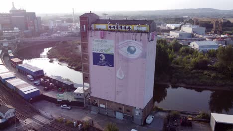 Iconic-Warrington-Pink-eye-Fairclough-Mill-self-storage-building-aerial-canal-skyline-view