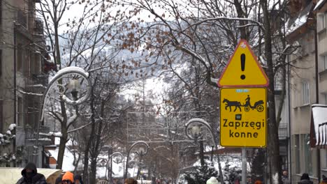 Horse-carriage-warning-sign-in-Zakopane,-Poland-during-winter