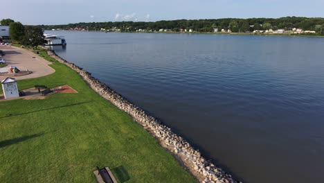 A-drone-shot-drifting-over-the-shoreline-of-the-mississippi-river-looking-north