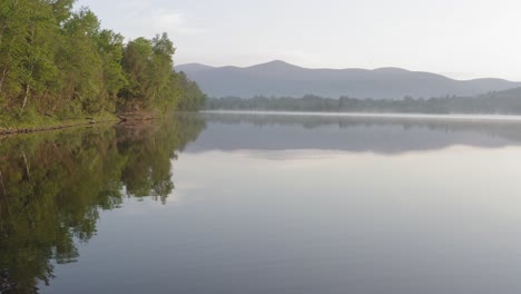 Forestry-along-lake-shoreline-flat-calm-water-with-mountains-in-distance