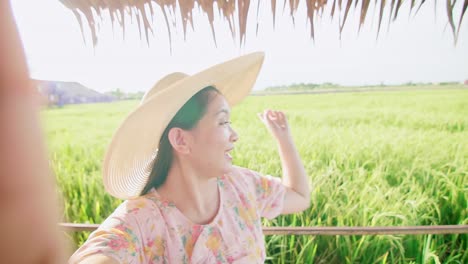 Adult-woman-making-video-call-showing-large-rice-production-field
