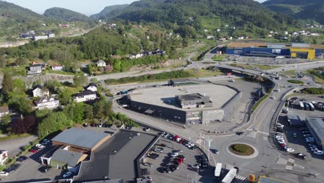 Gullgruven-shopping-mall-in-Bergen---Aerial-view-of-mall-with-traffic-outside-and-IKEA-in-background