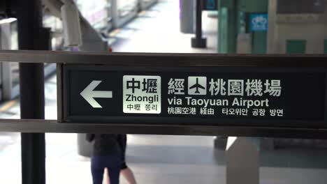 Signboard-displaying-direction-of-train-to-Zhongli-via-Taoyuan-Airport-Taiwan-at-New-Taipei-Industrial-Park-Station