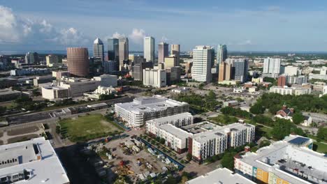 Cinematic-4K-aerial-tilt-up-revealing-clip-of-the-Tampa-Bay-skyline-in-Florida