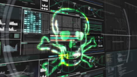 Hacker-computer-screen-glitch-green-danger-symbol-skull-virus,-background-loop,-monitor,-security-alarm,-firewall