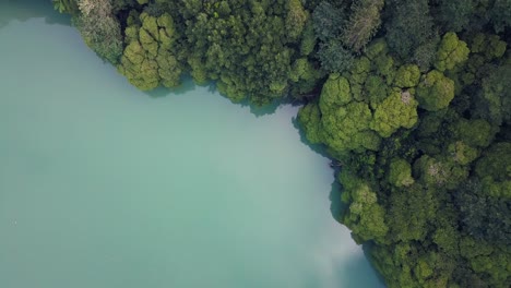 Aerial-4K-drone-video-of-a-tropical-hidden-lake-surrounded-by-trees-in-Sao-Miguel,-Azores-islands