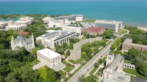 Birds-Eye-Aerial-View-of-Northwestern-University-Campus-next-to-Beautiful-Lake-Michigan
