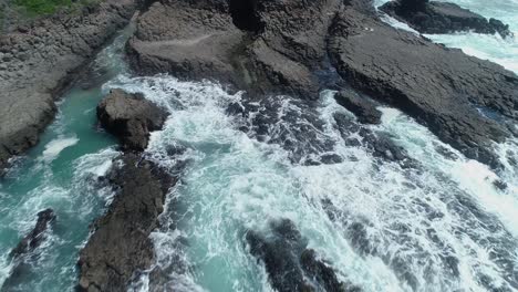 Aerial-drone-flying-forward-over-Cormorant-perched-on-Cathedral-Rock,-Kiama,-NSW,-Australia-and-looking-down-over-waves-splashing-on-coastal-rocks