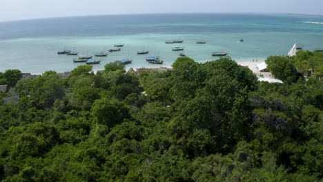 Anchored-fishing-boats-on-tropical-beach-with-rainforest,-drone-shot