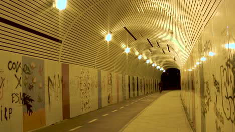 Radfahrer-Fährt-Durch-Einen-Nachts-Beleuchteten-Städtischen-Tunnel