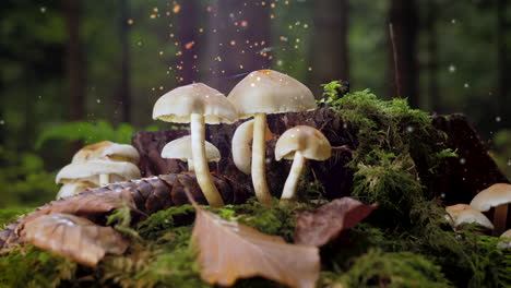 Close-up-shot-of-toxic-mushroom-in-mossy-forest-and-flying-pores-as-motion-graphic-design---Glowing-sparks-rising-up-to-sky