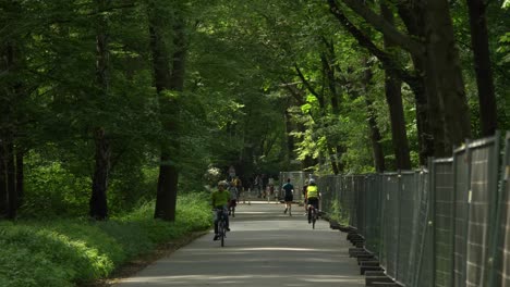 Wide-view-of-people-riding-bikes-in-Tiergarten,-Berlin,-Germany