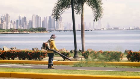 Public-worker-dressed-in-protective-clothing,-using-leaf-blower-equipment-machine-to-blow-towards-the-sides-of-the-street-recently-cut-grass-on-a-promenade,-Causeway-of-Amador,-Panama-City
