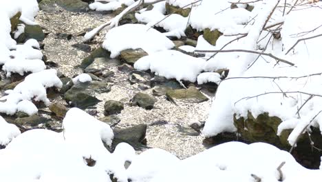 Mountain-stream-covered-in-snow-flowing-down-the-rocks,-panning-shot,-Winter-scenery