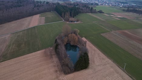 A-small-lake-within-green-and-brown-fields-in-Hesse,-Germany