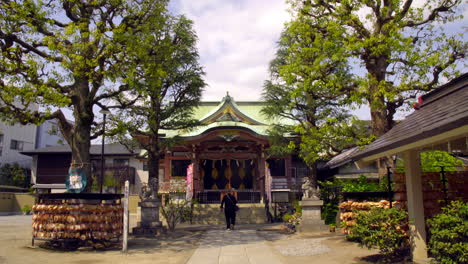 Tokio,-Japón-Alrededor-De-Abril-De-2020:-Mujer-Caminando-Hacia-El-Culto-En-El-Famoso-Santuario-Japonés-Para-El-Buen-Matrimonio,-Placas-De-Madera-Colgadas-En-Un-Tranquilo-Jardín-Zen-En-Un-Soleado-Día-De-Primavera
