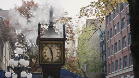 Close-up-of-iconic-Gastown-steam-clock-with-vapor-coming-out-of-its-pipes-on-an-autumnal-day,-Vancouver-British-Columbia,-Canada