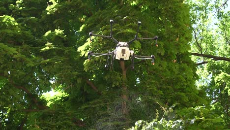 Drone-Rociando-Agua-Y-Fertilizante-En-La-Propiedad-Con-árboles-Verdes-Y-Campo-Agrícola