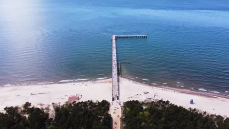 Pedestrian-bridge-leading-into-Baltic-sea-in-Palanga,-aerial-view