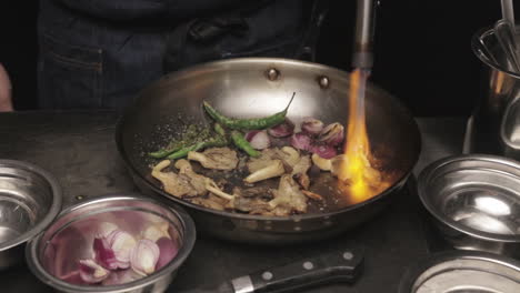 Chef-Charring-Vegetables-In-Pan-With-Blowtorch,-close-up