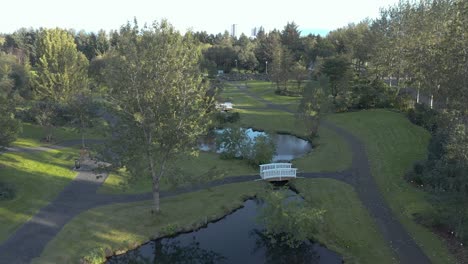 Parque-Del-Jardín-Botánico-De-Reykjavik-Durante-La-Puesta-De-Sol,-Antena