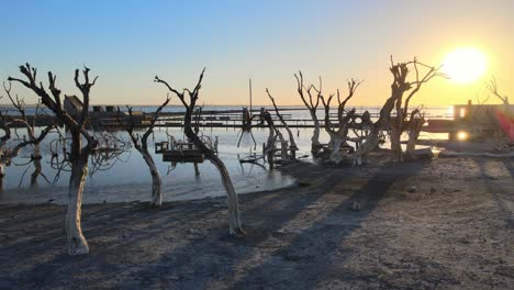 Flooded-village-of-Epecuen,-sunset-aerial-flight-amongst-ruins
